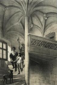 19世纪大幅半色调石版画《鲍格城堡的石楼梯，法国缅因-卢瓦尔省》—法国考古学家奥利维尔·德·维斯姆斯(Olivier de Wismes,1814 - 1887年)作品 石版师Auguste Mathieu 纸张尺寸47.5*32.8厘米