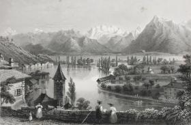 1834年瑞士风景系列钢版画《图恩湖景，瑞士伯尔尼州》—英国画家威廉·亨利·巴特利特(William Henry Bartlett,1809 - 1854年)作品 雕刻师Henry Wallis 纸张27*21.2厘米