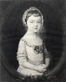 1877年蚀刻铜版画《童年的乔治亚娜·卡文迪什小姐》—18世纪英国著名肖像和风景画家托马斯·庚斯博罗(Thomas Gainsborough,1727 - 1788年)作品 雕刻师Victor Gustave Lhuillier 手工水印纸印制 纸张尺寸35.8*26.1厘米