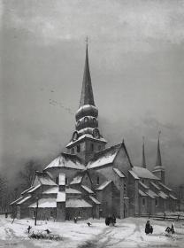 1852年大幅半色调原创石版画《瓦纳姆修道院教堂雪景，瑞典》—瑞典石版画家卡尔·约翰·比尔马克(Carl Johan Billmark,1804 - 1870年)作品 标题在版内 纸张尺寸42.4*28.2厘米