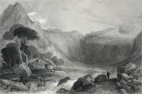 1837年瓦勒度山谷风景系列钢版画《皮埃蒙特的监狱谷源头风景，意大利西北部》—英国画家威廉·布罗克登(William Brockedon,1787-1854年)作品 雕刻师J. Cousen 纸张尺寸27.1*21.5厘米