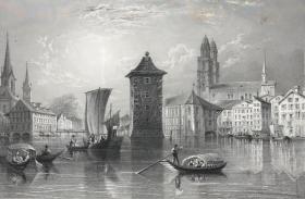 1834年瑞士风景系列钢版画《苏黎世风光，瑞士苏黎世州首府》—英国画家威廉·亨利·巴特利特(William Henry Bartlett,1809 - 1854年)作品 雕刻师W. Wallis 纸张27*21.2厘米