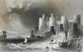 1841年芬登大不列颠港口和水域系列钢版画《康威码头和城堡，北威尔士康威郡》—英国画家威廉·亨利·巴特利特(William Henry Bartlett,1809 - 1854年)作品 雕刻师J. C. Armytage 纸张尺寸27.2*21厘米