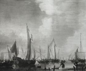 20世纪初大幅照相腐蚀凹版铜版画《风平浪静时在海岸附近航行的船只》—荷兰海事画家小威廉·凡·德·维尔德(Willem van de Velde the Younger,1633-1707年)作品 纸张尺寸50*37.7厘米