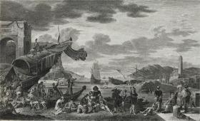 《海港》—荷兰黄金时代画家约翰内斯·林格尔巴赫(Johannes Lingelbach,1622 - 1674年)作品 1829年铜版画 奥地利美景宫美术馆系列 纸张尺寸29.5*24.2厘米