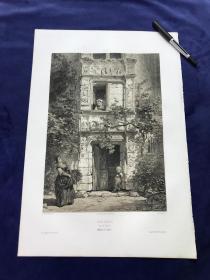19世纪大幅半色调石版画《蒙索罗城堡的文艺复兴时期的梯塔，法国曼恩-卢瓦尔省》—法国考古学家奥利维尔·德·维斯姆斯(Olivier de Wismes,1814 - 1887年)作品 石版师A. Mouilleron 纸张尺寸47.5*32.8厘米