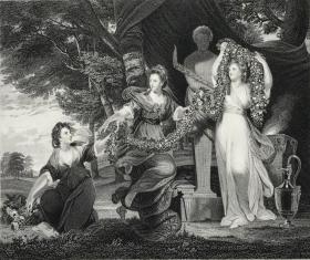 19世纪钢版画《爱尔兰女神三姐妹—芭芭拉，伊丽莎白和安妮》—雷诺兹在写给加德纳的信中承诺：“这将是我画过的最好的一幅画。”，英国18世纪肖像画家，皇家美术学院首任院长乔舒亚·雷诺兹(Joshua Reynolds, 1723-1792年)作品 英国艺术家画廊系列 纸张尺寸28.1*21.5厘米