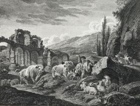 《牧羊图》—德国巴洛克时期风景画家约翰·海因里希·罗斯(Johann Heinrich Roos,1631 - 1685年)作品 1829年铜版画 奥地利美景宫美术馆系列 纸张尺寸29.5*24.2厘米