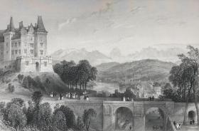1845年法国风景系列钢版画《波城城堡，法国比利牛斯-大西洋省首府》—英国建筑师和艺术家托马斯·阿罗姆(Thomas Allom,1804 - 1872年)作品 雕刻师A. Willmore 纸张尺寸27.3*21厘米
