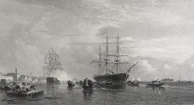 1868年钢版画《希腊前国王奥托乘坐斯库拉战舰抵达威尼斯》—英国风景和海洋画家爱德华·威廉·库克(Edward William Cooke,1811-1880年)作品 雕刻师C. Cousen 纸张尺寸33.5*24.5厘米