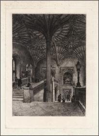 1879年原创蚀刻版画《牛津大学基督堂学院教堂内的楼梯》，34.6*24.4cm