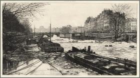 1880年原创蚀刻版画《塞纳河冬景》，43.5*29.3cm