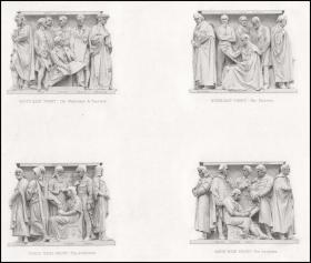 1874年点刻钢版画《阿尔伯特纪念碑基座墙浮雕之拐角衔接-画家、建筑师、雕塑家、音乐家》，32*23cm