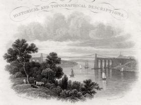 【总筋·创刊号】1830年《威尔士的风景》系列钢版画第1辑（含扉页钢版画、当时世上最大跨度悬索桥），29*22.5cm