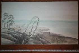 日本明治至昭和时期 赖声 岸边海景图 日式装裱镜片 可直接装框
