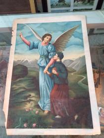 清末上海土山湾印书馆石印四开宣传画《天使和清代人物》一张