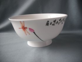精品骨瓷 国画风格荷花蜻蜓纹白瓷面碗/大碗