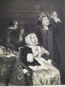 1850年石版画《生病的女士de zieke dame》尺寸34*25.7厘米--出自荷兰肖像和体裁画家,卡斯帕·内舍尔Caspar Netscher,1639-1684,油画作品，他是描绘东方地毯、丝绸和织锦的大师，并将国际风格引入荷兰北部，荷兰出版，稀少
