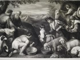 1860年钢版画《早期作品-摩西击打磐石出水pastori》尺寸约26*36厘米，出自意大利画家雅各布·巴萨诺Jacopo Bassano,1510-1592，油画作品，雕刻师f.sonnenleiter
