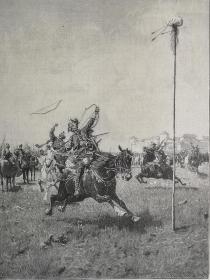 1887年木版画《波兰骑手的射击训练polnische reiter,welche nach dem turban eines pascha schieszen 》尺寸31*23厘米，反面有字，出自波兰画家，约瑟夫·勃兰特Józef Brandt，1841-1915油画作品，他是慕尼黑画派的代表，以战斗画作而闻名，莱比锡出版