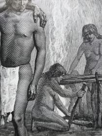 1882年木刻版画《哥伦比亚努卡克人的传统舞蹈danse des mitouas》尺寸30*21.7厘米，反面有字，由p.fritel绘制