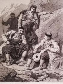 1876年石版画《黑山狂想曲montenegrinischer rhapsode》尺寸32.5*25.2厘米--出自德国画家、插画家,卡尔·冯·哈伯林Carl von Häberlin，1832-1911,油画作品，雕刻师A.Luttmann