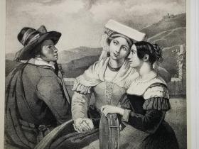1847年石版画《两个着意大利服饰的女孩在倾听男孩的演奏twee vrouwen in italiaansche kleederdragt,en een jongeling op de guitar apelende》尺寸34*25.5厘米--出自荷兰画家，科内利斯·克鲁斯曼 (Cornelis Kruseman，1796-1857) 作于1830年的油画作品，