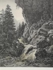 1871年石版画《瑞士.上西门塔尔山谷Im ober-simmenthal》尺寸26.8*21厘米--位于瑞士伯尔尼，海拔为 1481米，有溪流穿过的细长洼地，有许多热门景点，出自德国画家，爱德华佩普Eduard Pape,1817-1905油画作品