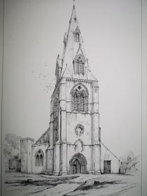 1856年石版画《英国.圣母玛利亚教堂st.mary's,warmington,northamptonshire》尺寸37.5*27.1厘米---坐落于北安普敦郡沃明顿教区，也叫沃明顿的圣公会教堂，建于13世纪，雕刻有6个不同的神职人员。出自英国画家、建筑师,约翰·约翰逊John Johnson,1807-1878绘画作品，专门从事哥特式风格的宗教建筑和教堂，雕刻师：Alfred Newman