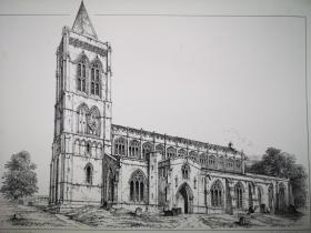 1856年石版画《英国.林肯郡的格德尼.圣玛丽抹大拉教堂st.mary magdalen,gedney,lincolnshire》尺寸37.5*27.1厘米---它以其在周围低洼景观中的巨大规模而闻名，通常被称为沼泽大教堂。这是一座一级保护建筑。教堂是献给抹大拉的圣玛丽亚的，起源于中世纪的圣公会教区教堂