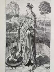 1884年木版画《圣凯瑟琳在居斯特罗祭坛die heilige katharina. flugelbild vom güstrower altar》尺寸27.5*19.2厘米，反面有字，出自荷兰画家，德克范德伦Dirck van Delen,（约 1605-1671）绘画作品