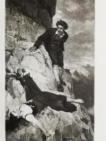 1884年蚀刻版画《英雄救美rettung》尺寸27.5*19.2厘米，较深压痕，出自奥地利画家马蒂亚斯·施密德（Mathias Schmid1835-1923）的油画作品 ，雕刻师R.Raudner