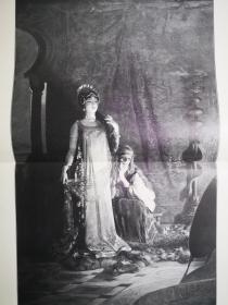 1895年大幅木刻版画,《古迦太基圣女萨朗波Salammbo》尺寸55*40.4厘米，背面空白，出自19世纪德国画家，爱德华·费德里克·威廉·里克特（Edouard Frederic Wilhelm Richter，1844-1913）绘画作品 -- 取材自19世纪法国文学家福楼拜的戏剧《萨朗波》，萨朗波是迦太基守护神，是迦太基亡魂的化身。她如同月神一样洁白无暇，光彩照人，美丽无比