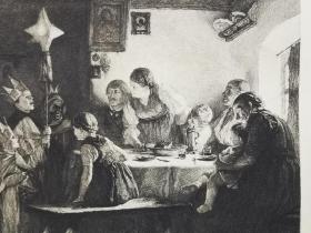 1884年蚀刻版画《三位智者献赞歌die h.drei könige mit ihrem stern》尺寸27.5*19.2厘米，较深压痕，出自奥地利画家阿洛伊斯·加布尔（Alois Gabl,1845-1893）油画作品 ，雕刻师 j.holzapfl，三个打扮成“圣人”的农家男孩进入了蒂罗尔农民的家庭，他们围坐在的桌子旁，倾听