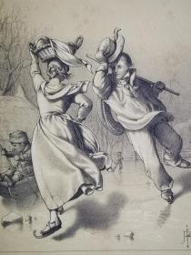 1851年石版画,《一月.溜冰的季节januar》尺寸26.6*20.6厘米--出自19世纪德国画家，鲁道夫·乔丹（Rudolf Jordan，1810–1887）的油画作品