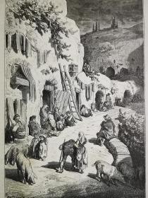 1864年木刻版画《圣蒙特的吉普赛人洞穴les grottes des gitanos, au sacro monte》尺寸30*21.7厘米，反面有字，古斯塔夫·多尔gustave dore绘画，Sacri Monti 是 16 世纪末和 17 世纪在意大利北部创建的一系列九个骷髅或教堂群和其他建筑特色