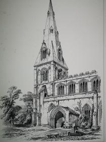 1856年石版画《英国.林肯郡北劳斯比的圣彼得教堂St.peter,north raunceby, lincolnshire》尺寸37.5*27.1厘米---也叫北劳斯比教堂，坐落在北劳斯比村，是林肯教区东拉夫登善堂的一部分，由Ancaster石头建造的古老建筑，于1853年修复。尖顶被认为起源于12世纪末或13世纪初。教堂圣坛建于16世纪