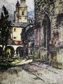 1927年彩色石版画，奥地利老城萨尔茨堡《圣彼得公墓am petersfriedhof》尺寸26.8*20.4厘米--是萨尔茨堡市最古老的墓地，位于Festungsberg山脚下，也是最受欢迎的旅游景点之一，出自美国/奥地利混血蚀刻师，坦纳·卡西米尔-霍恩斯Tanna Kasimir-Hoernes，1887-1972的原创作品