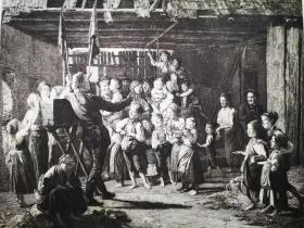 1890年蚀刻版画《盒子里面的娱乐节目der guckkastenmann》尺寸22.7*30.7厘米，较深压痕--出自奥地利画家，费迪南德·乔治·瓦尔特米勒(Ferdinand·Georg·Waldmuller,1793—1865, 油画作品，雕刻师j.klaus，莱比锡出版