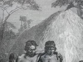 1882年木刻版画《哥伦比亚努卡克人的传统舞蹈danse des mitouas》尺寸30*21.7厘米，反面有字，由p.fritel绘制