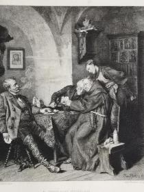 1887年蚀刻版画《绝对失败的纸牌游戏unfehlbare niederlage》尺寸31*23厘米，较深压痕，出自德国画家爱德华·冯·格吕茨纳 Eduard von Grützner,1846-1925的油画作品，他以僧侣的风俗画而闻名，雕刻师Adolf Neumamm，莱比锡出版
