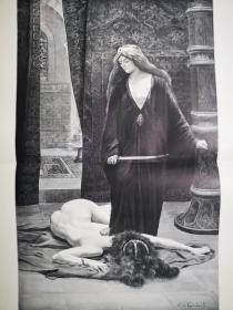 1895年大幅木刻版画,《残酷的宫廷争斗Die Rivalin》尺寸55*40.4厘米，背面空白，出自19世纪德国画家，埃德蒙·德·格林伯爵（Edmond Comte de Grimberghe，1865-1920）的绘画作品