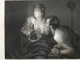 1855年钢版画《西蒙和佩罗Cimon & Peru》尺寸26.3*20.8厘米--讲述了一个女人佩罗在父亲西蒙被监禁并被判处死刑后秘密母乳喂养父亲的故事