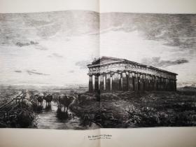 1881年大幅木刻版画《古希腊.帕埃斯图姆“波塞冬神殿”Der Ruinen von Paestum》尺寸41*54厘米，帕埃斯图姆是位于意大利那不勒斯以南70多公里西海岸的古老城市遗址，保留有十分珍贵的陶立安式古希腊神庙，该城最初是建于公元前6世纪的希腊殖民地；帕埃斯图姆有三座宏伟的多利安式神殿：赫拉一世神殿；海王星神殿和最大的罗神神殿，均建于公元前5至6世纪