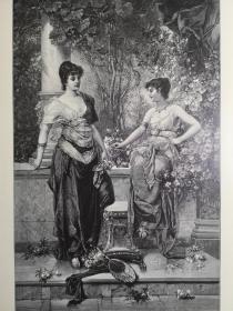 1895年大幅木刻版画《玫瑰依旧noch sind die tage der rosen》尺寸41.3*28.2厘米，出自奥地利画家,约瑟夫·伯纳德（Joseph Bernard，1859-1945）油画作品