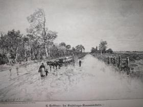 1900年大幅木刻版画《春日里的暖阳im frühling sonnenschein》尺寸41*28厘米，背面空白--出自19世纪德国画家，卡尔·赫夫纳（Karl Heffner，1849-1925）的油画作品