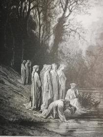 1880年木版画，炼狱与天堂《在友诺河饮水the Eunoe》编号3-101，尺寸22.5*29.5厘米，出自19世纪法国版画家、雕刻家和插图作家，古斯塔夫·多雷（GUSTAVE DORÉ，1832-1883 ）绘画作品，友诺河是流经冥界哈迪斯的五条河流之一。喝下它会洗去你凡人生活的所有记忆