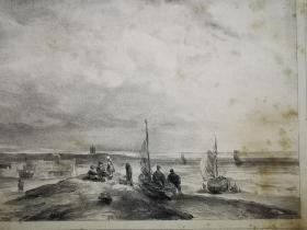 1845年石版画《海滩景色een strandgezicht》尺寸34*25.5厘米--出自荷兰画家，安德鲁斯·舍富奥特(Andreas Schelfhout,1787-1870) 油画作品，雕刻师 c.benyinck，荷兰出版