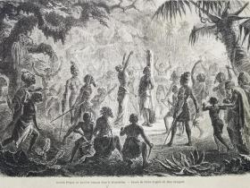 1864年木刻版画《英属印度群岛的活人祭祀，即将被肢解meriah poujah ou sacrifice humain dans le khondistan》尺寸30*21.7厘米，反面有字