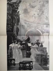 1895年大幅木刻版画《荣耀颂Gloria》尺寸41.3*55厘米，背面空白，出自19世纪著名奥地利新巴洛克风格画家，阿洛伊斯·汉斯·施拉姆（Alois Hanus Schram，1864–1919）的油画作品